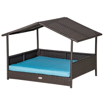 Medium Brown Wicker Elevated Outdoor Dog Bed with Blue Cushion