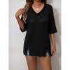 Women's Waffle Knit V Neck Top with Side Slits Half Sleeve Casual Tunic - 4 of 4