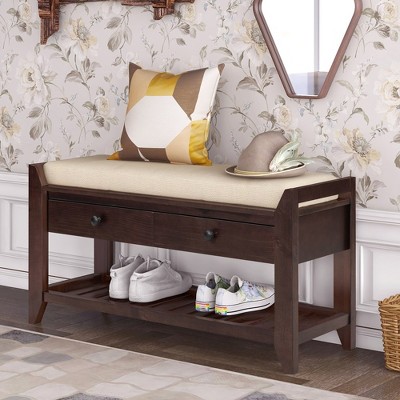 Shoe Storage Bench with Cushioned Seat, Entryway Bench with Storage, Shoe Cabinet Bench with 2 Drawers and Storage Shelf for Hallway