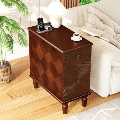 JUJABU Modern 2-Drawer Sofa Side Table – Narrow Slim Design for Living Room & Bedroom - Walnut