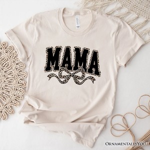 Coquette Leopard Mama T-Shirt, Retro Bow Varsity Tee for Trendy Moms| OrnamentallyYou - 1 of 4
