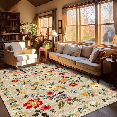 5'x7' Floral Area Rugs, Machine Washable Rug for Living Room- Soft Indoor Carpet, Low Pile for Bedroom, Dining Room, Playroom, Office