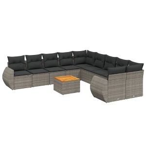 vidaXL 11 Piece Patio Sofa Set with Cushions Gray Poly Rattan - Table + 2x Corner + 6x Middle - 1 of 4