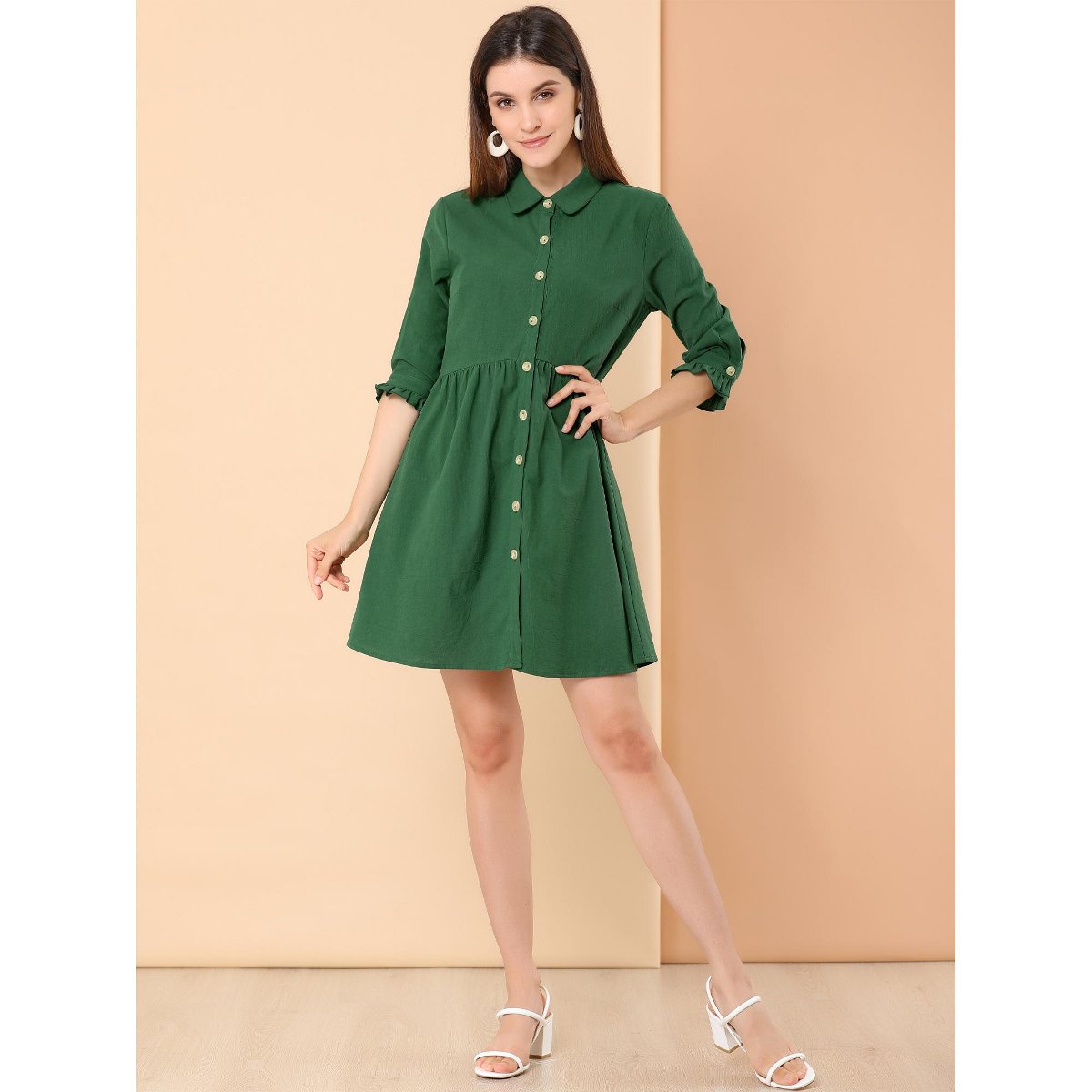 Женские платья INSPIRE CHIC Women's 3/4 Sleeve Button Front Solid Color Flare Mini Shirt Dress Dark Green Large — фото 3