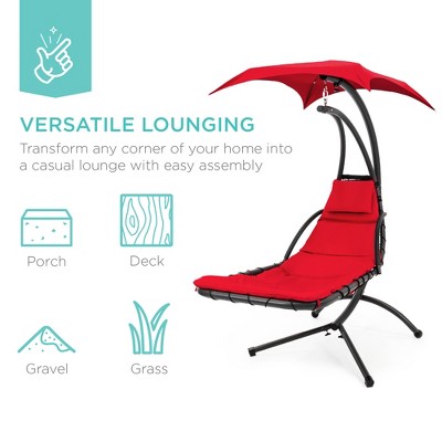 Red Hanging Curved Chaise Lounger with Cushions and Canopy