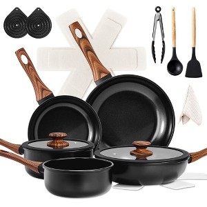 Angel Sar 17-Piece Non-Stick Cookware Set, 5-Pot Aluminum Kitchen Set with Assembled Handles, Black Induction-Compatible Pots & Pans - 1 of 4