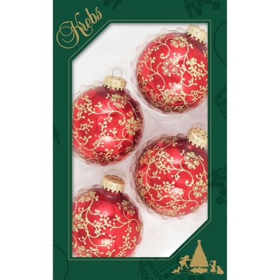 Christmas by Krebs 4ct Red and Gold Floral Glitter Lace Shiny Christmas Ball Ornaments 2.5" (67mm)