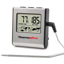 ThermoPro TP-16 Large LCD Digital Cooking Food Meat Smoker Oven Kitchen BBQ Grill Thermometer Clock Timer w/ Stainless Steel Probe in Silver