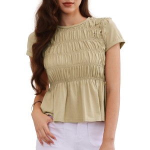 INSPIRE CHIC Women's Peplum Summer Smocked Ruched Crew Neck Cap Sleeve Babydoll Tunic Blouse - 1 of 4