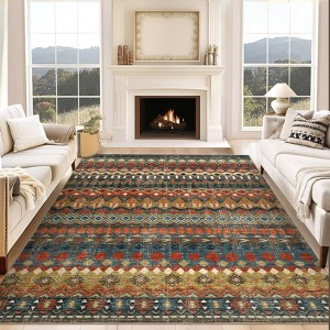 Area Rug Washable Low Pile Geometric Printed Floor Cover Non Slip Distressed Indoor Throw Rug Foldable Soft Ultra Thin Farmhouse Carpet - 1 of 4