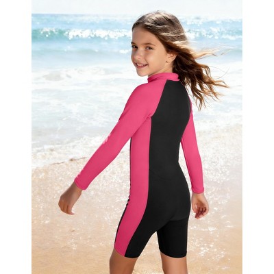 YesFashion Long Sleeve Swimsuit Girls UPF 50+ Rash Guard Bathing Suits Zip Up One Piece Swimwear Age 4-13y Hot Pink 140 — фото 4