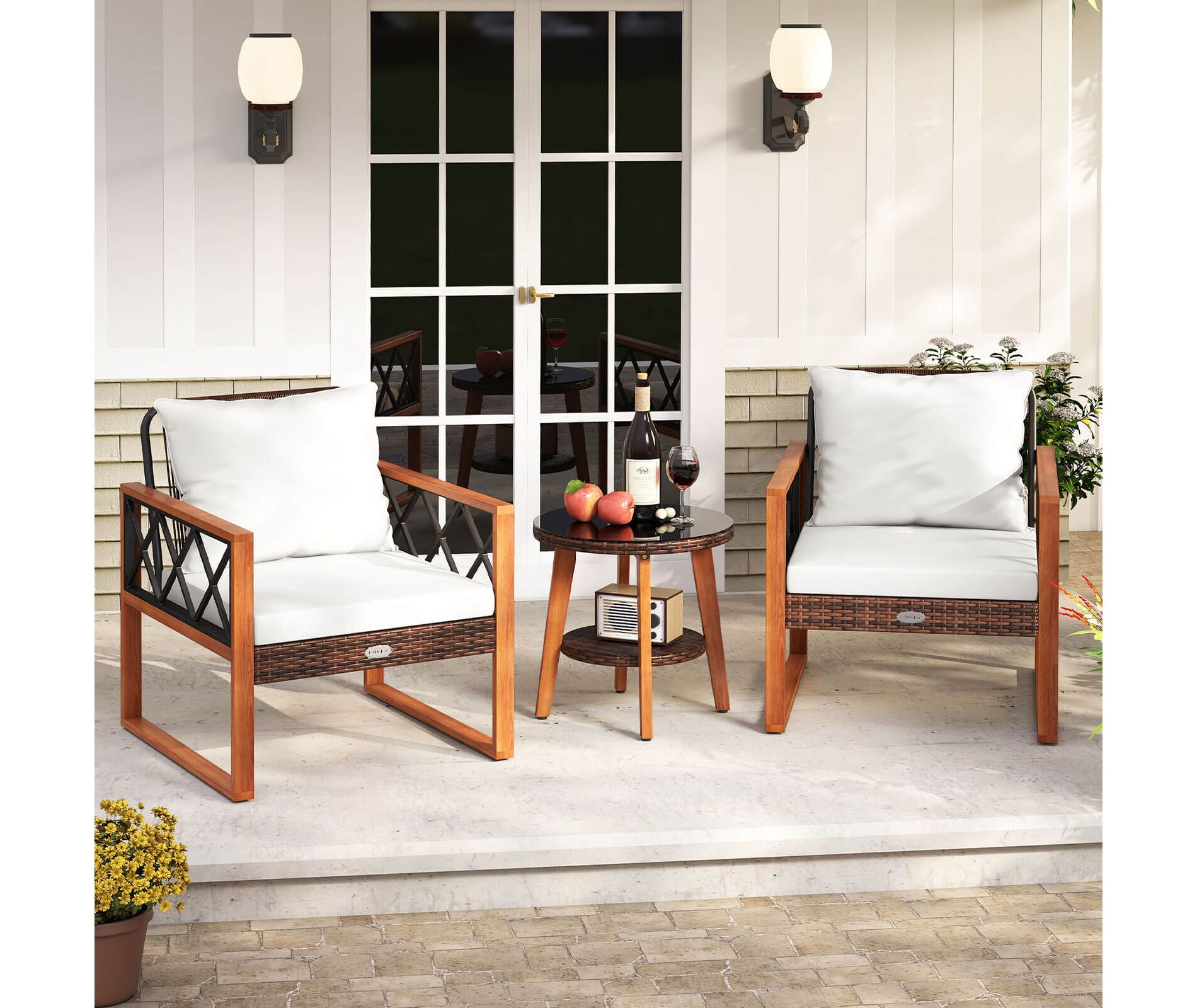 Costway 3 PCS Patio PE Wicker Furniture Set with Solid Acacia Wood Frame & Cushions