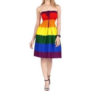 LA LEELA Women's Summer Rainbow Flag Smocked Swing Tube Top Dresses for Women One Size Colorful Stripes - 1 of 3