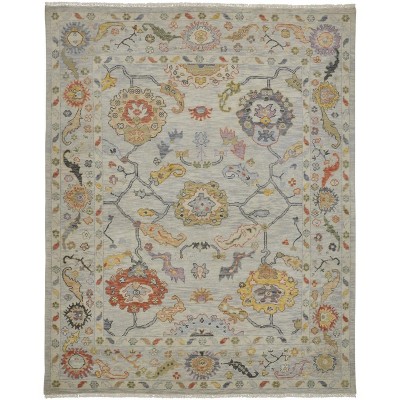 Gray Red and Yellow Wool Oriental Hand Knotted Area Rug With Fringe