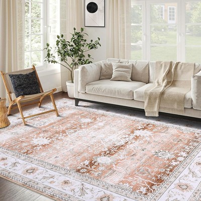 Persian Area Rug Floral Distressed Carpet Machine Washable Area Rug, 9' x 12' Pale Brown