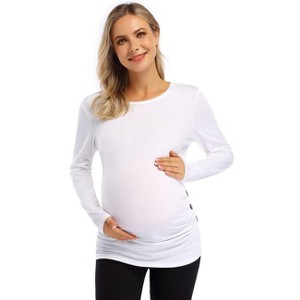 BLUEMING Womens Maternity Shirts Long Sleeve Crew Neck Basic Tank Tops Side Buttons Pregnant Shirts - 1 of 4