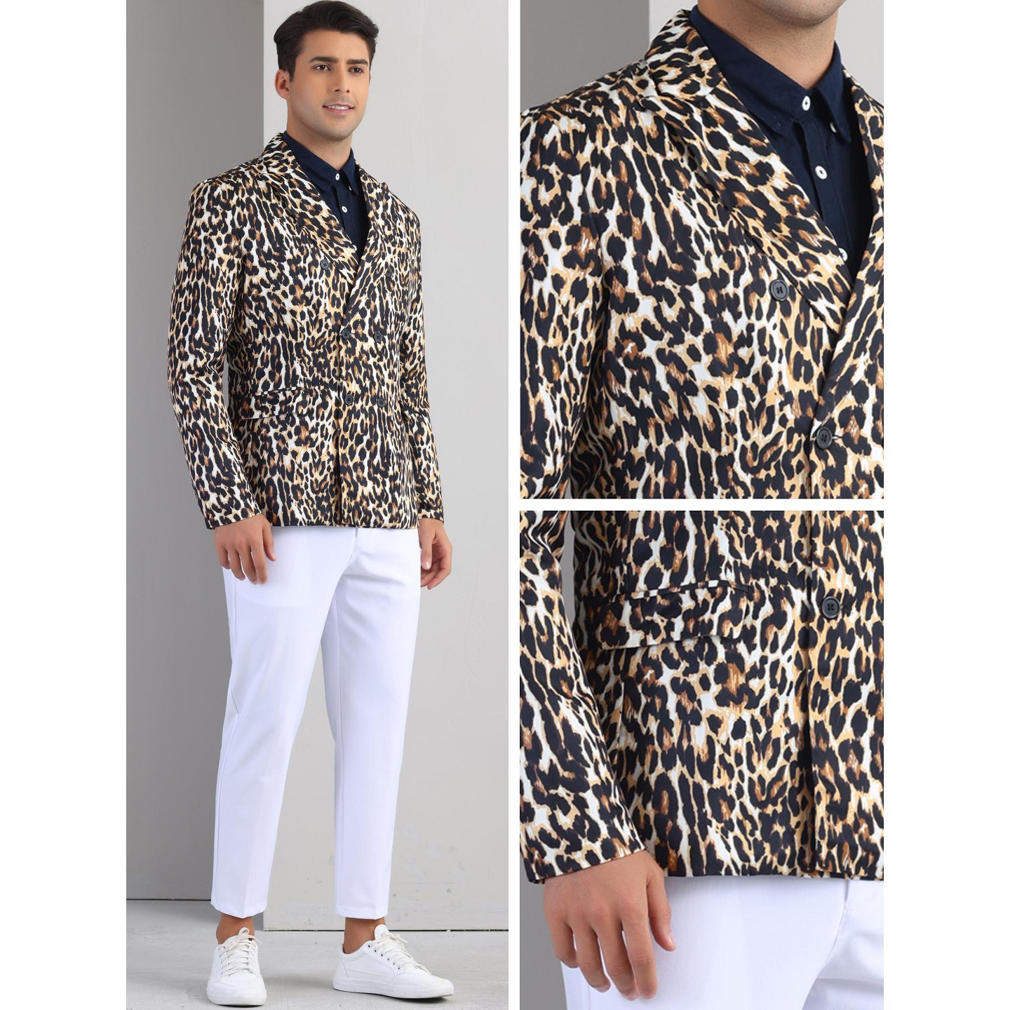 Мужской пиджак INSPIRE CHIC Party Festival Peak Lapel Double-Breasted Animal Print Blazer Black White, цвет: Коричневый — фото 4