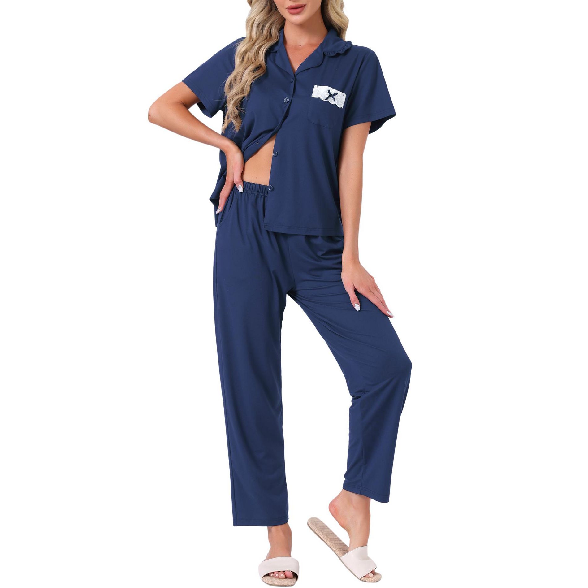 INSPIRE CHIC 2 Pcs Women's Button Up Pajama Sets Short Sleeve Shirt Long Pants Lounge Set Sleepwear 2026