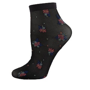 Memoi Women's Posy Patch Sheer Floral Knit Anklet Sock - 1 of 2