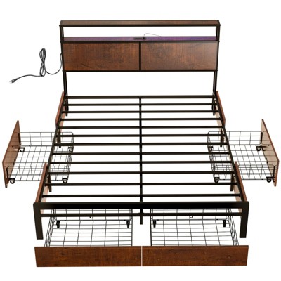 Full Size Industrial Wood and Metal Bed Frame with Storage Drawers