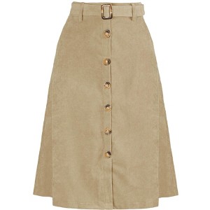 Allegra K Women's High Waist Solid Button Front A-Line Belted Corduroy Midi Skirt - 1 of 4