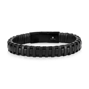 Metallo Stainless Steel, Black Leather Designed Bracelet - Black - 8.5 Inch - 1 of 4