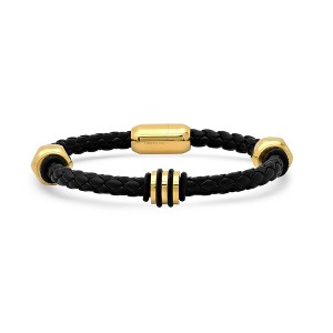 Steeltime Men's black braided leather bracelet with 18kt gold plated nut design - 1 of 4