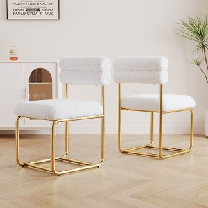 Kumasinova Set of 2 White Teddy Fabric Dining Chairs,Plush Kitchen Chairs with Golden Metal Legs,Ergonomic Backrest,Chairs for Dining Room,Living Room - 1 of 4