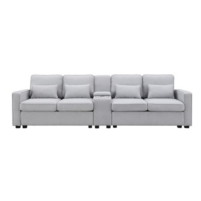 VYNXARIA 114.2in Upholstered Sofa with Console, 2 Cupholders and 2 USB Ports Wired or Wirelessly Charged, Modern Linen Fabric Couches with 4 Pillows