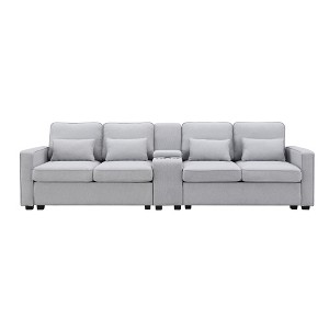 VYNXARIA 114.2in Upholstered Sofa with Console, 2 Cupholders and 2 USB Ports Wired or Wirelessly Charged, Modern Linen Fabric Couches with 4 Pillows - 1 of 4