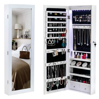 White Wall-Mounted Wooden Jewelry Cabinet with Mirror ¨C Organizer for Earrings, Necklaces, Bracelets & Watches