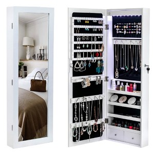 White Wall-Mounted Wooden Jewelry Cabinet with Mirror ¨C Organizer for Earrings, Necklaces, Bracelets & Watches - 1 of 4
