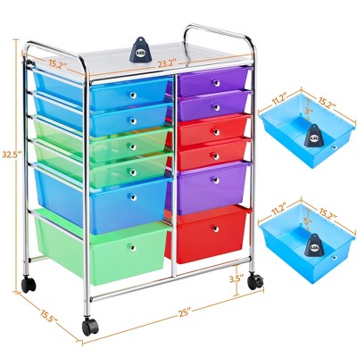 Multicolor 12-Drawer Rolling Storage Cart with Chrome Frame