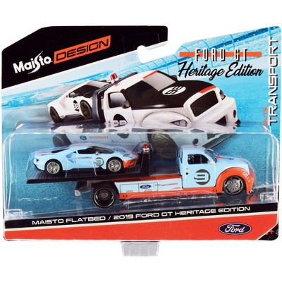 2019 Ford GT #9 Heritage Edition with Flatbed Truck Light Blue and Orange "Elite Transport" 1/64 Diecast Model Cars by Maisto