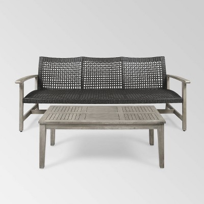 Hampton 2pc Wood & Wicker Sofa & Coffee Table Set - Light Gray/Black - Christopher Knight Home