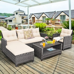 Costway 4PCS Patio Rattan Furniture Set Sofa Ottoman Cushion Garden Deck White/Gray/Black - 1 of 4