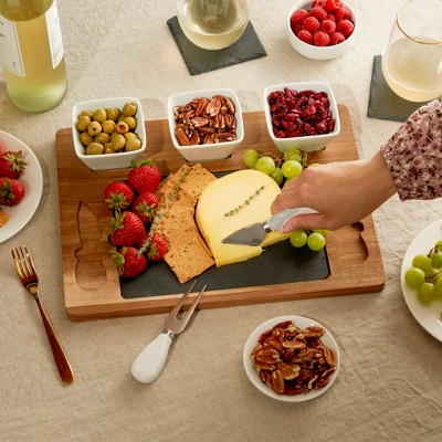 Acacia Wood and Slate Cheese Board Set with Ceramic Bowls
