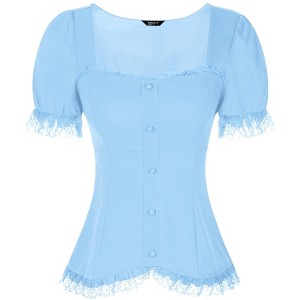 INSPIRE CHIC Women's Square Neck Solid Color Puff Short Sleeve Lace Up Gothic Blouse - 1 of 4