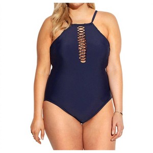 Women's Curve Ola Lace High Neck One Piece Swimsuit - Plus - Raisins - 1 of 3