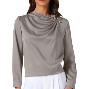 INSPIRE CHIC Women's Satin Casual Pleated Cowl Neck Puff Long Sleeve Dressy Office Work Shirt - 1 of 4