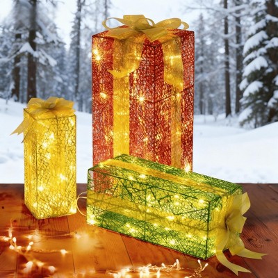Lighted Gift Boxes Set Pre-Lit Christmas Present Boxes Outdoor Indoor Decorations Christmas Display with Warm White LED Lights Stakes for Xmas Décor