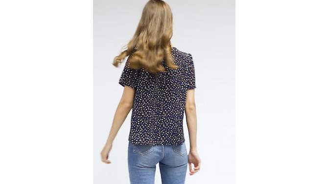 Allegra K Women's Bow Tie V Neck Short Sleeve Floral Printed Blouse, 2 of 7, play video