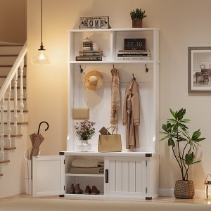 76" White Farmhouse Hall Tree with Bench, Shoe Storage, 5 Tri-Hooks Coat Rack, Adjustable Shelf, Mudroom Entryway Organizer, Space-Saving, White - 1 of 4