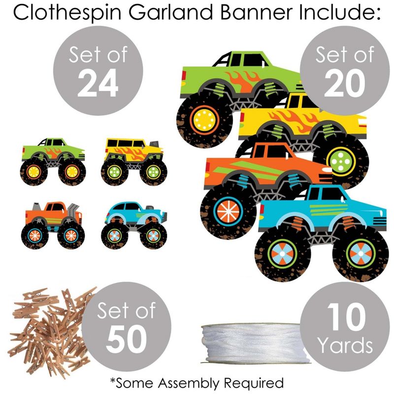 Big Dot of Happiness Smash and Crash - Monster Truck - Boy Birthday Party DIY Decorations - Clothespin Garland Banner - 44 Pieces, 5 of 8