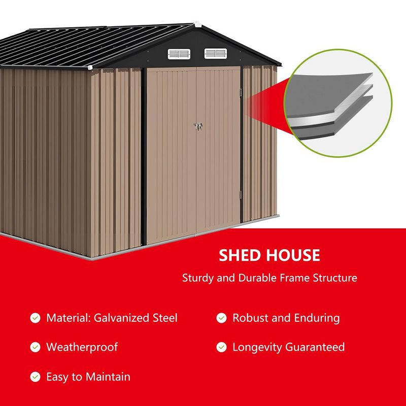 8'x8' Outdoor Storage Shed, Large Garden Shed. Updated Reinforced and Lockable Doors Frame Metal Storage Shed for Patiofor Backyard, Patio，Lawn，Brown, 2 of 8