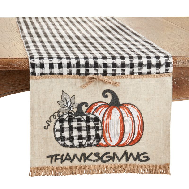 Saro Lifestyle Plaid Table Runner With Thanksgiving Pumpkins Design, Black, 16" x 70", 1 of 4
