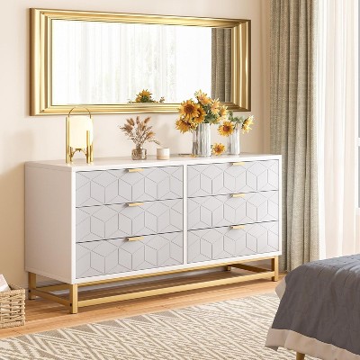 Homhougo Black Dresser for Bedroom, 6 Drawer Dresser with Metal Legs, Modern Dressers Chest Organizer with Wide Storage, Wood Chest of Drawers