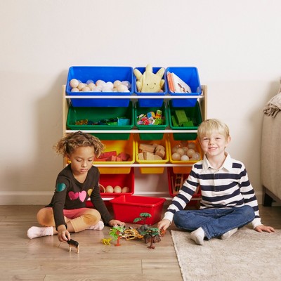 Natural Wood 4-Tier Organizer with Primary Color Bins