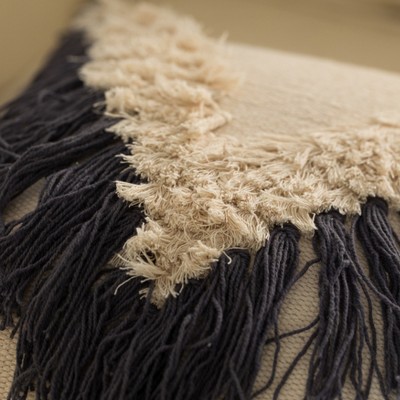 16" Charcoal and Beige Handwoven Cotton Throw Pillow with Fringe
