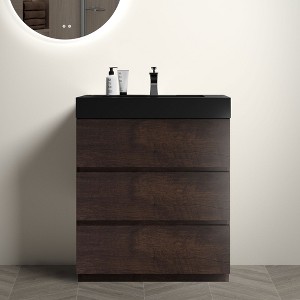 FAMYYT 30 in. Single Sink Freestanding Walnut Bath Vanity with Black Ceramic Top, U Shape Drawer, Assembled - 1 of 4